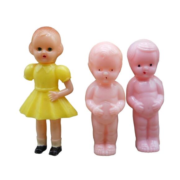 Vintage Celluloid Carnival Prize Toy Doll Lot: Girl in Yellow Dress & 2 Babies - Picture 1 of 9